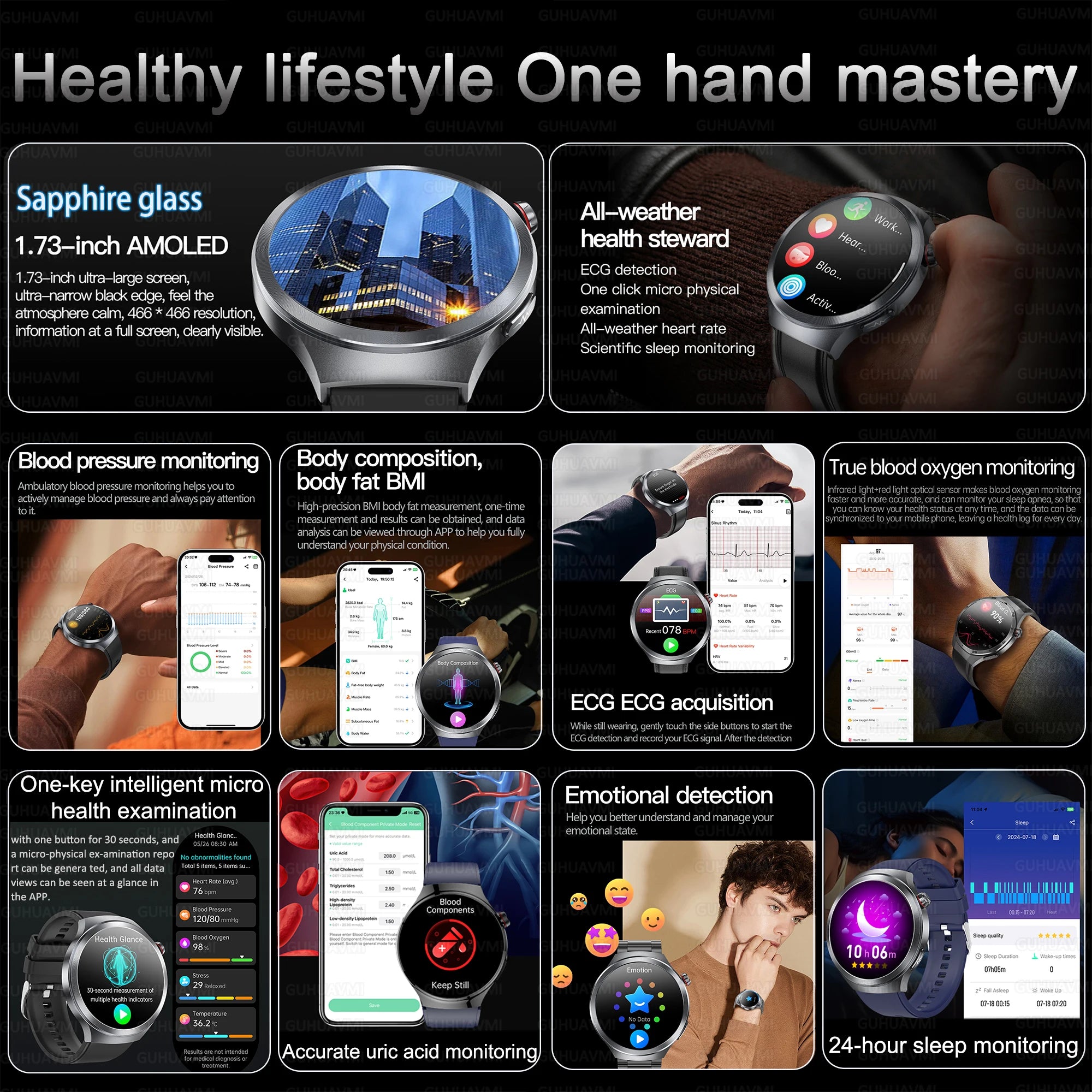 Nuevo Reloj Inteligente con Pantalla de Cristal de Zafiro de 1.73 Pulgadas, Monitor de Salud, Ácido Úrico, Grasa en Sangre, Presión Arterial, ECG+PPG, Análisis Corporal, para Hombre