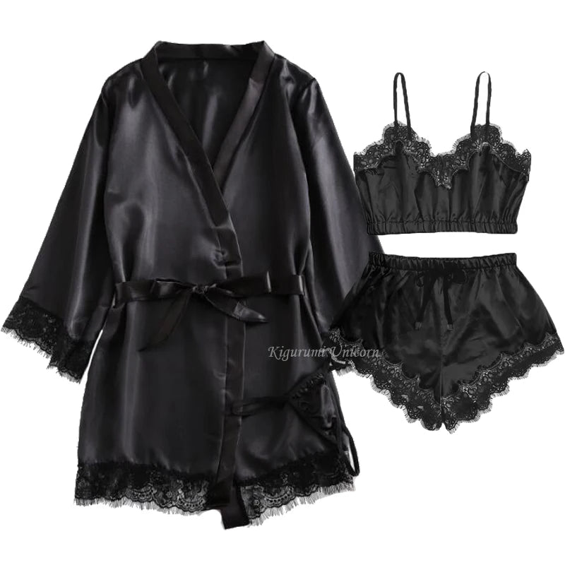Pijama negro Sexy para mujer, Tops con tirantes de seda y encaje de 4 piezas, pantalones cortos, bata, conjunto de pijama, camisón, ropa interior, traje