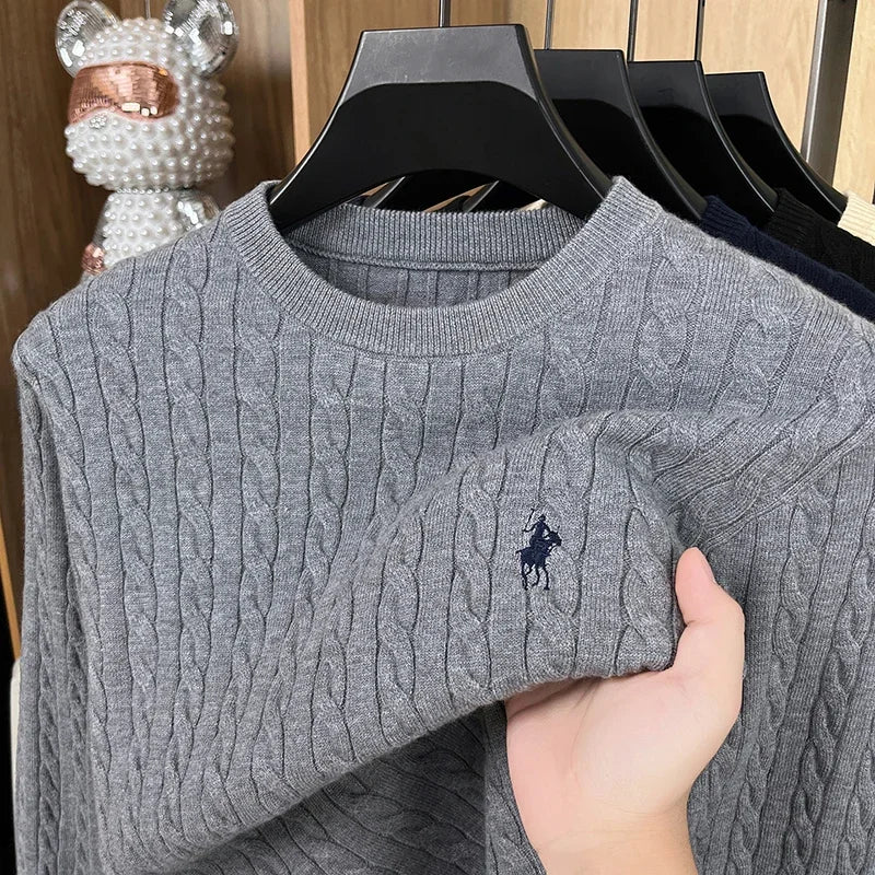 Buzo de Punto Bordado para Hombre - Cuello Redondo, Tejido Grueso Otoño Invierno