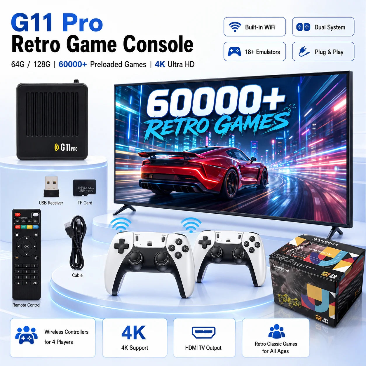 Reproductor multimedia y de juegos portátil G11 PRO 2 en 1 con pantalla 4K HD, chip de rendimiento estable, gran cantidad de juegos clásicos y casuales preinstalados y mandos inalámbricos; ideal para reuniones familiar