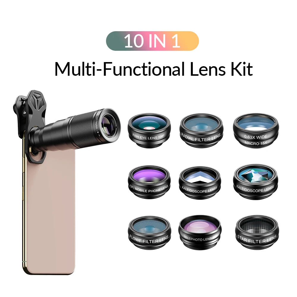 Kit de Lentes 10 en 1 para Teléfono - Ojo de Pez, Macro y Filtros