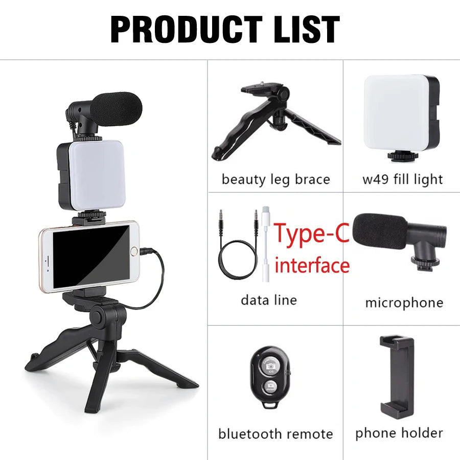 Kit de vlogging para teléfono inteligente con trípode, soporte para teléfono, Mini micrófono, luz de relleno LED, arrancador para TikTok, transmisión en vivo, vídeo, YouTube