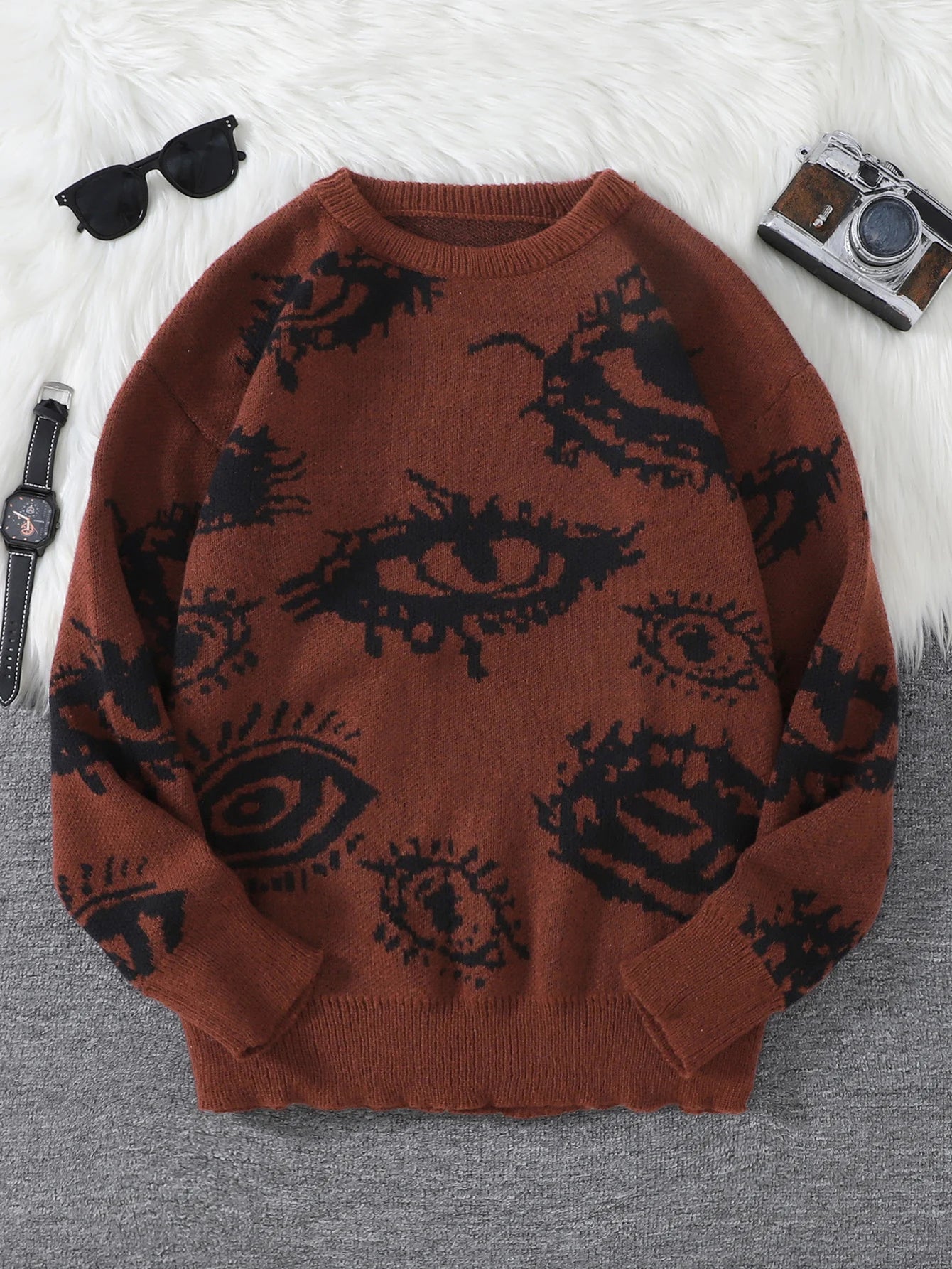Nuevo Jersey Popular de otoño e invierno con diseño de Jacquard de ojos abstractos, suéter informal de punto con cuello redondo para hombre