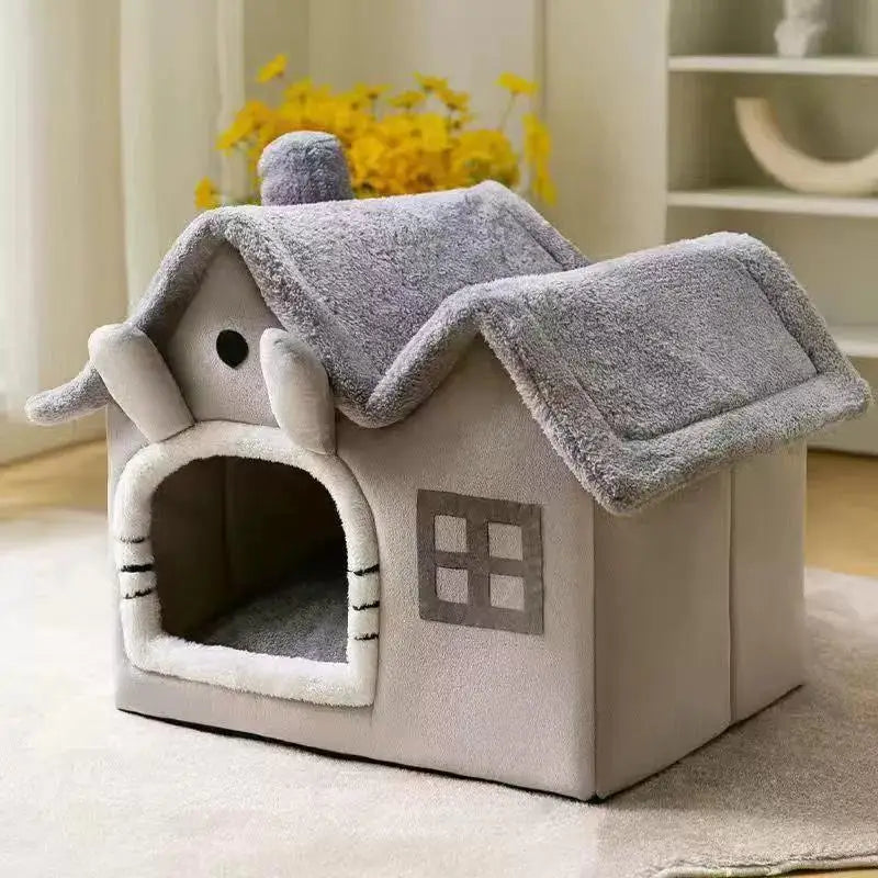 Casa Plegable para Mascotas con Doble Techo y Alfombra Cálida