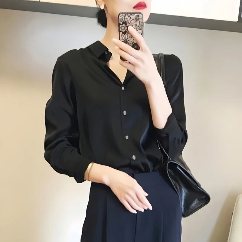 Camisa Satinada de Manga Larga para Mujer, Estilo Elegante