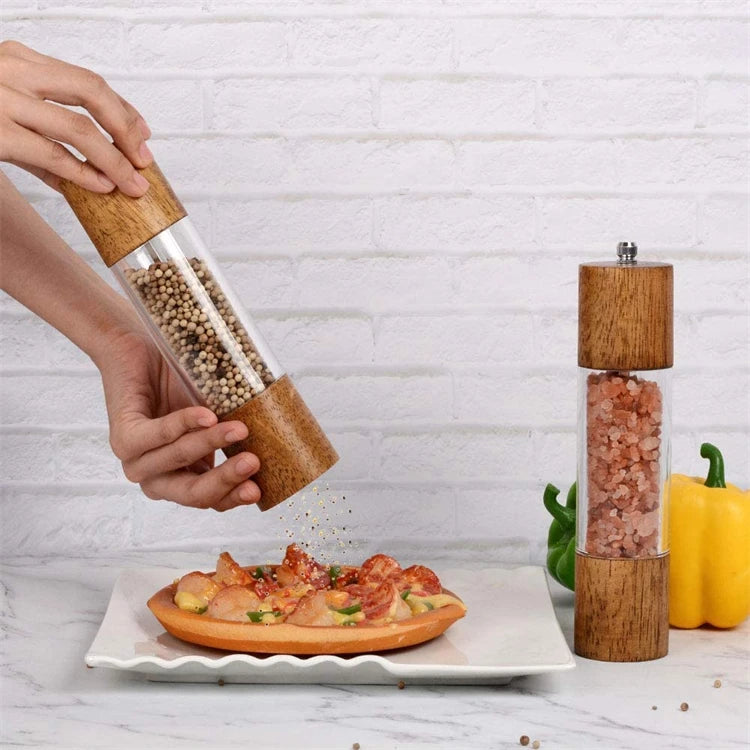 LMETJMA Juego de molinillo de sal y pimienta acrílico premium Molinos de sal y pimienta manuales Agitadores de madera con núcleo de cerámica ajustable 137