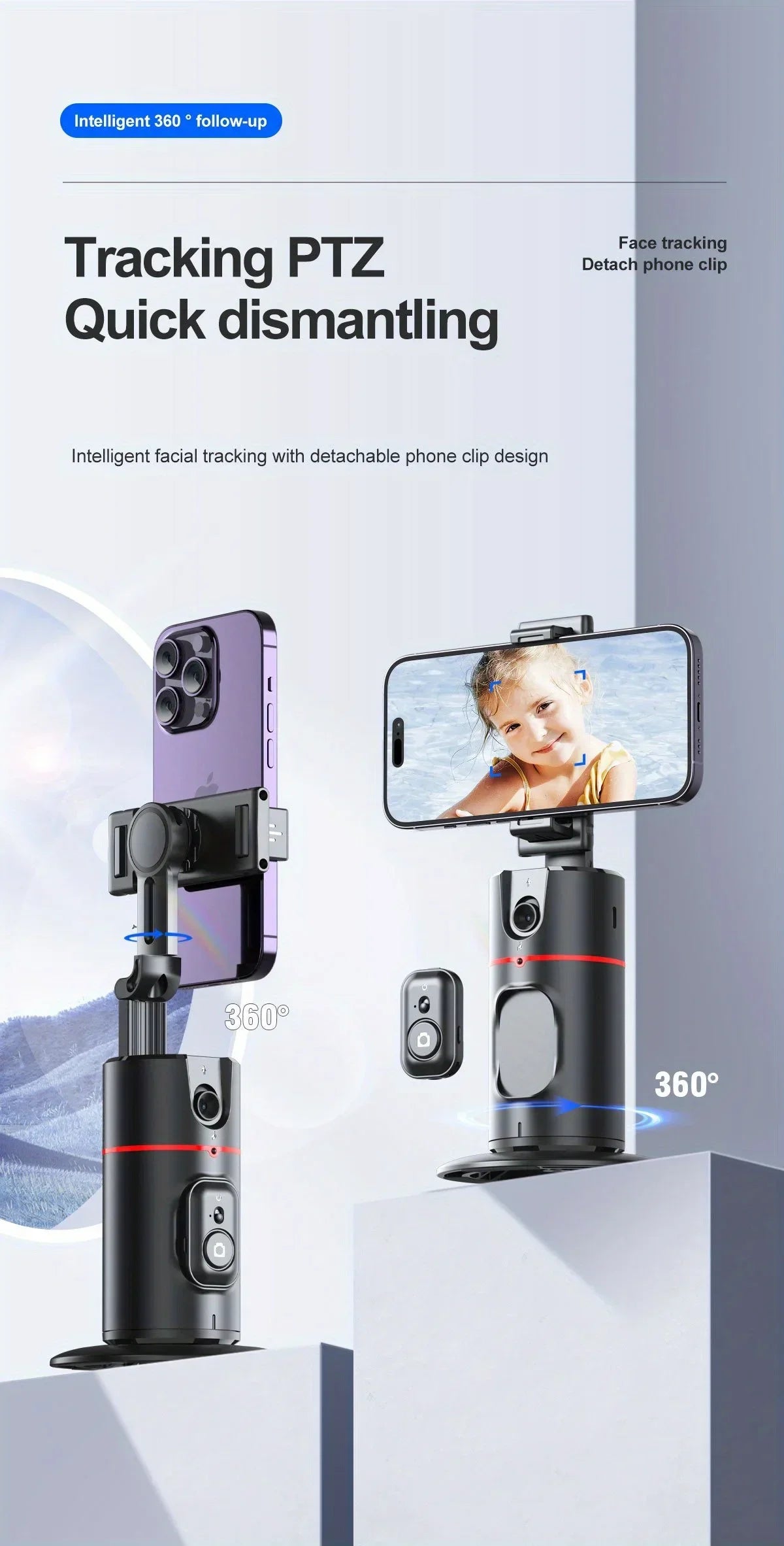 Soporte para Teléfono de Escritorio P02 con Seguimiento Facial 360 °   Gimbal Giratorio Automático para iPhone 16 15 Samsung S23 Xiaomi, Palo Selfie de Mano