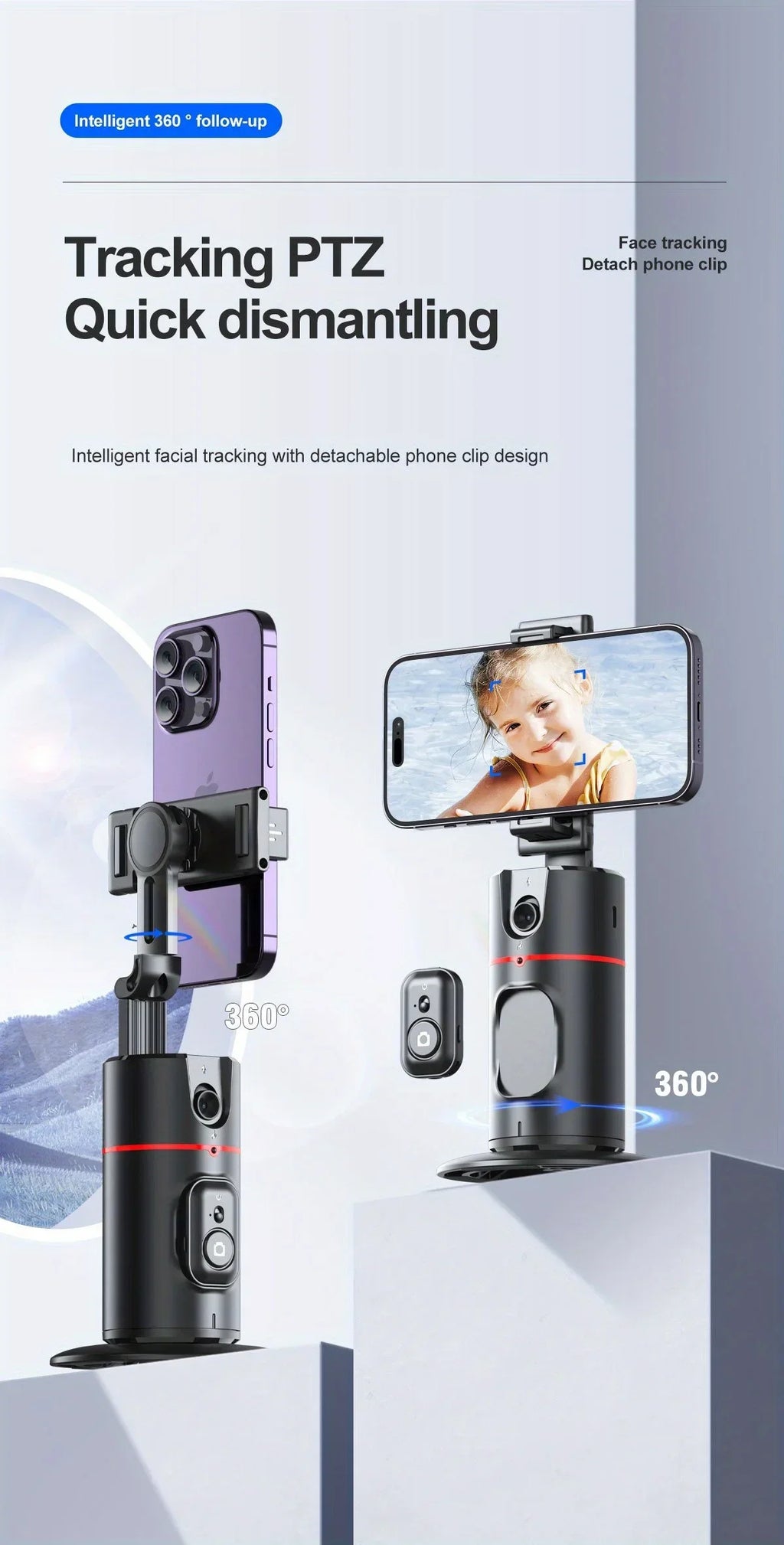 Soporte para Teléfono de Escritorio P02 con Seguimiento Facial 360 °   Gimbal Giratorio Automático para iPhone 16 15 Samsung S23 Xiaomi, Palo Selfie de Mano