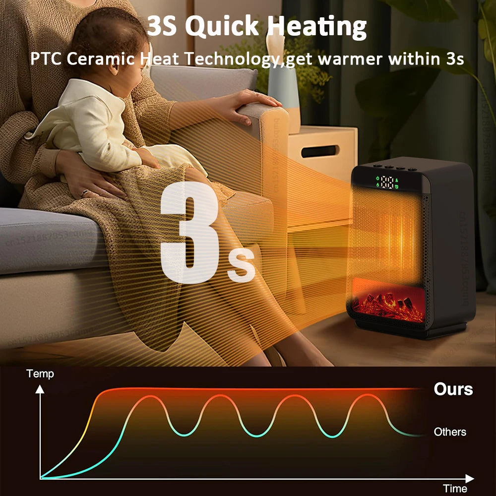 Calentador eléctrico de escritorio con termostato y llama 3D decorativa