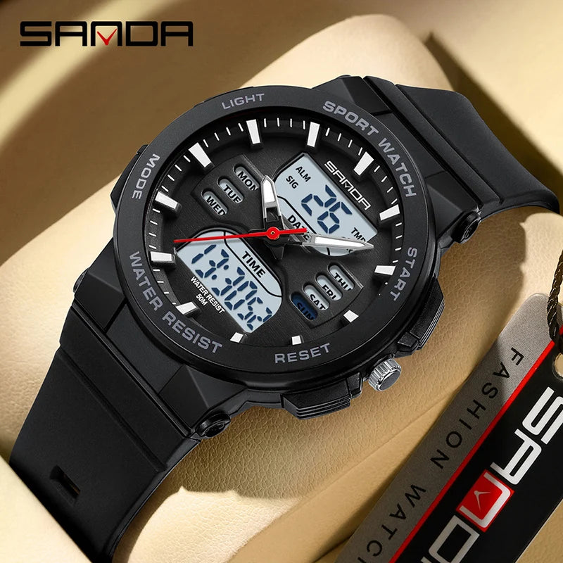Reloj Digital LED SANDA 6185 para Mujer Pantalla Dual Resistente al Agua