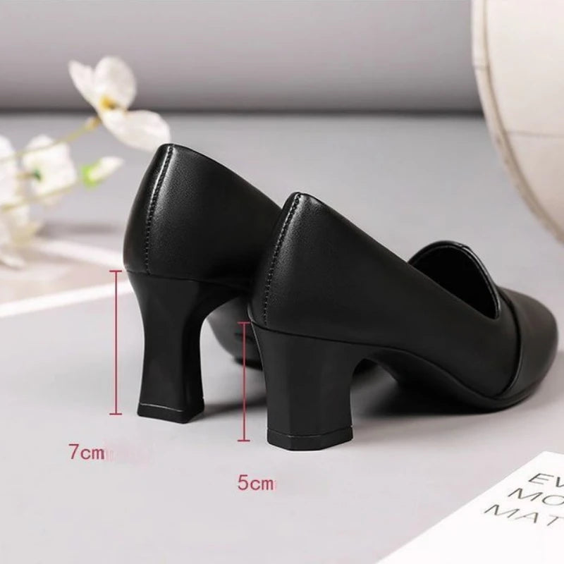 Zapatos de Tacón Grueso con Punta en Pico para Mujer, Zapatos de Oficina y Carrera, Corte en V, Acabado Mate, Clásicos, Elegantes y Cómodos