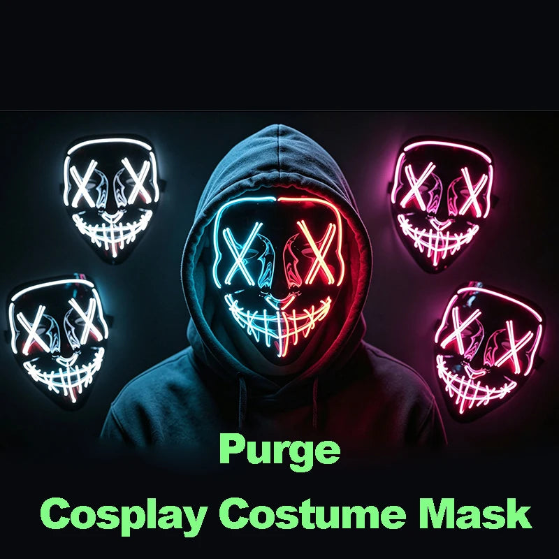 Máscara LED inalámbrica luminosa de neón para fiesta de Halloween, suministros brillantes, máscara de luz Purge para elección, para cosplay de adultos y maquillaje.