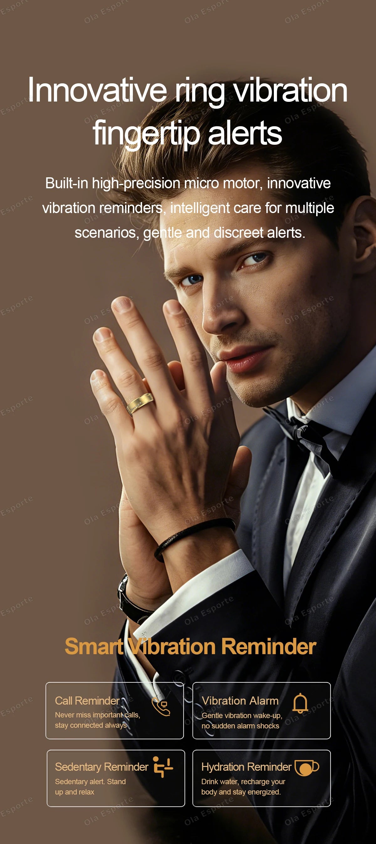 Anillo Inteligente de Joyería de Moda con Recordatorio de Llamadas, Alarma por Vibración, Monitor de Frecuencia Cardíaca y Oxígeno en Sangre, Resistente al Agua IP68, Regalo para Hombre