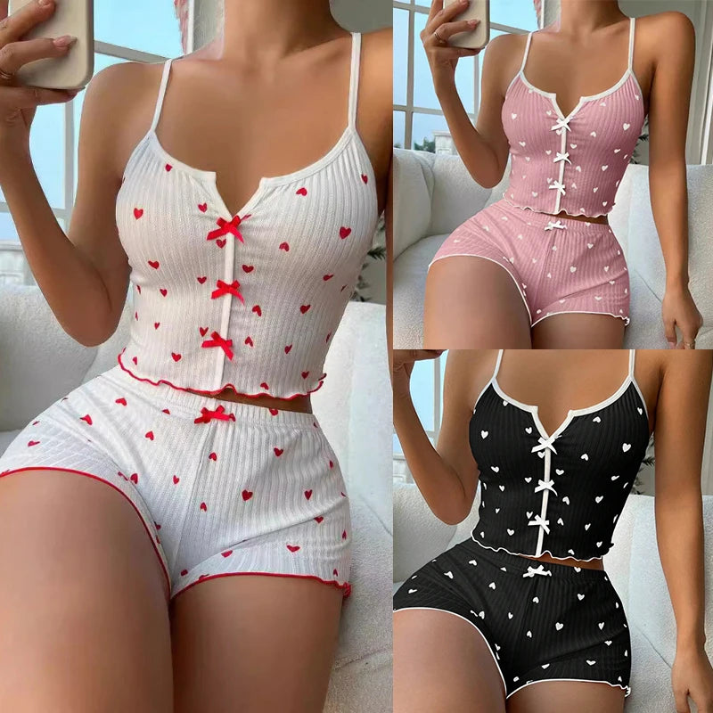 1 Juego de ropa de dormir para mujer, conjunto de pijamas con estampado de corazón, tela acanalada suave con ribete de volantes coqueto, camisola informal y conjunto corto, ropa de descanso