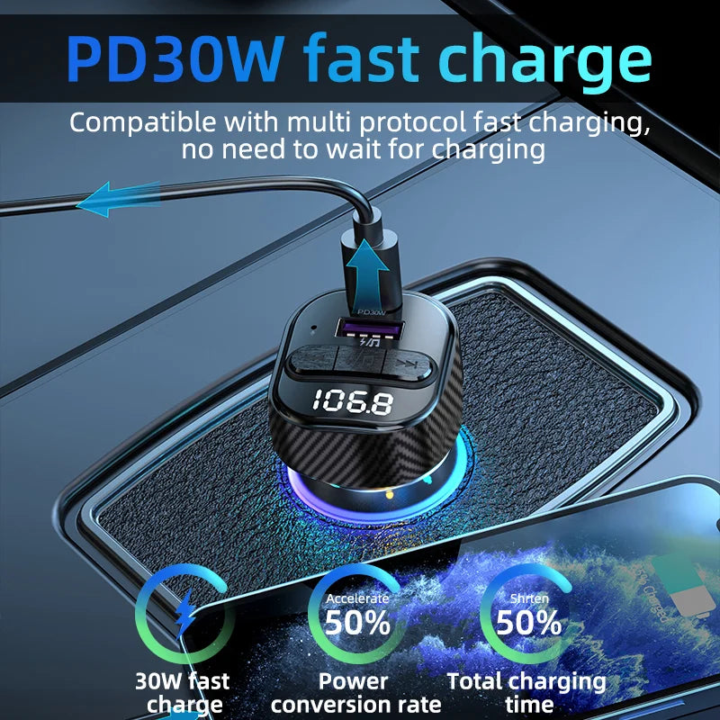 Transmisor FM Bluetooth 5.3 para Auto DYBO C50, Carga Rápida PD30W