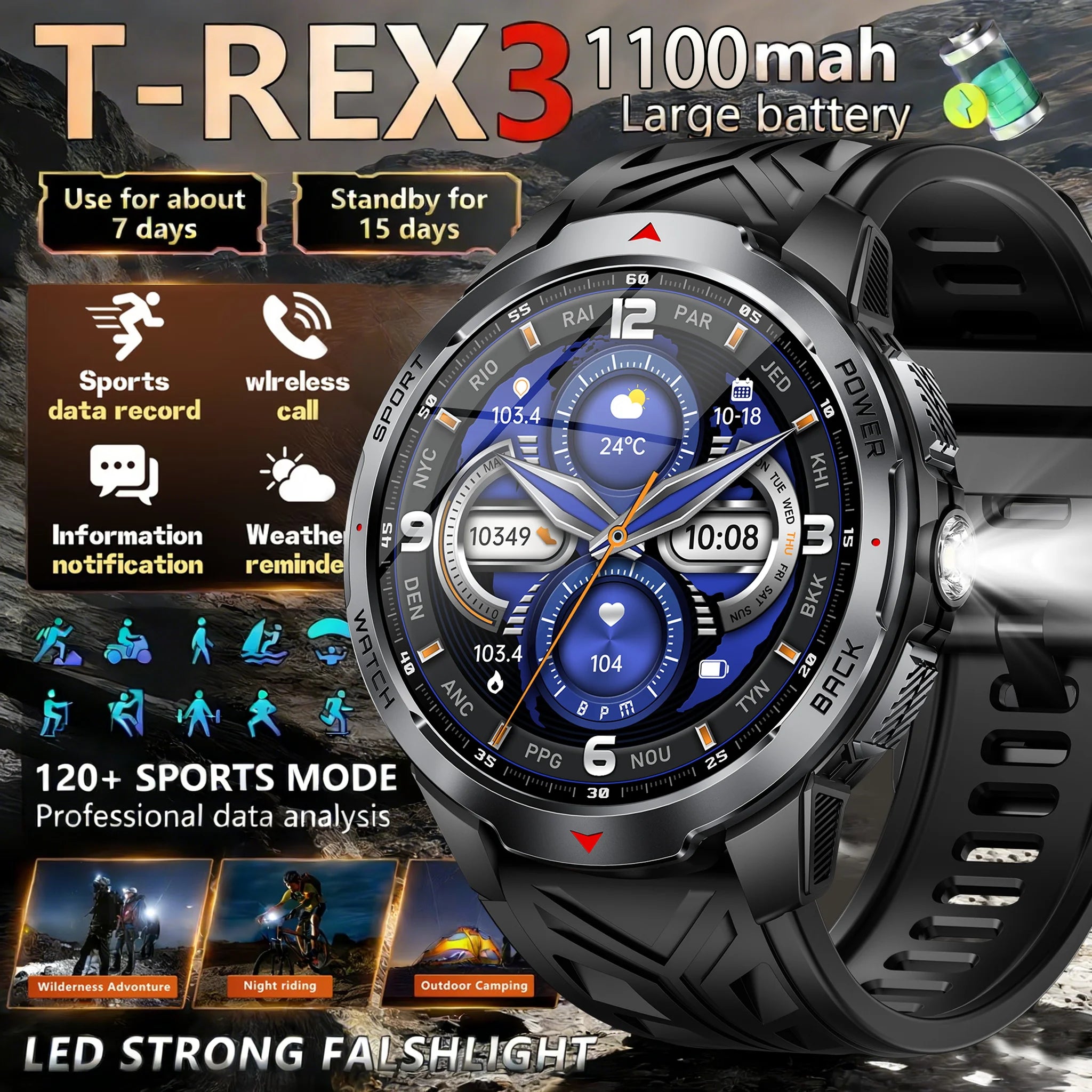 Reloj Inteligente KT88 Brújula Linterna 1100mAh