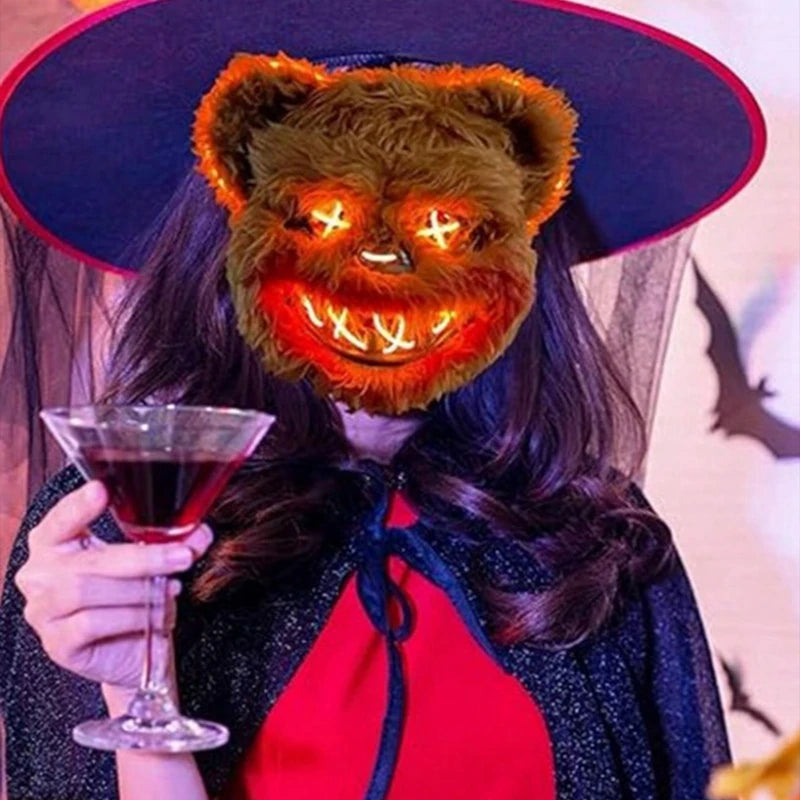 Máscara luminosa de animales con luz LED, disfraz de Halloween, fiesta de carnaval, maquillaje, máscara facial, accesorios para sombreros de piel de felpa de animales aterradores
