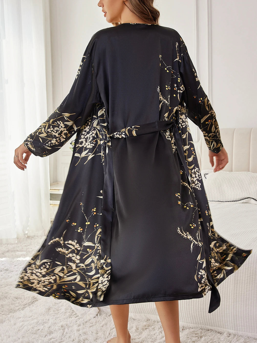 ‌   Conjunto de ropa de descanso floral de satén de seda, bata con cinturón, camisola, camisón, ropa de dormir elegante de dos piezas para todas las estaciones