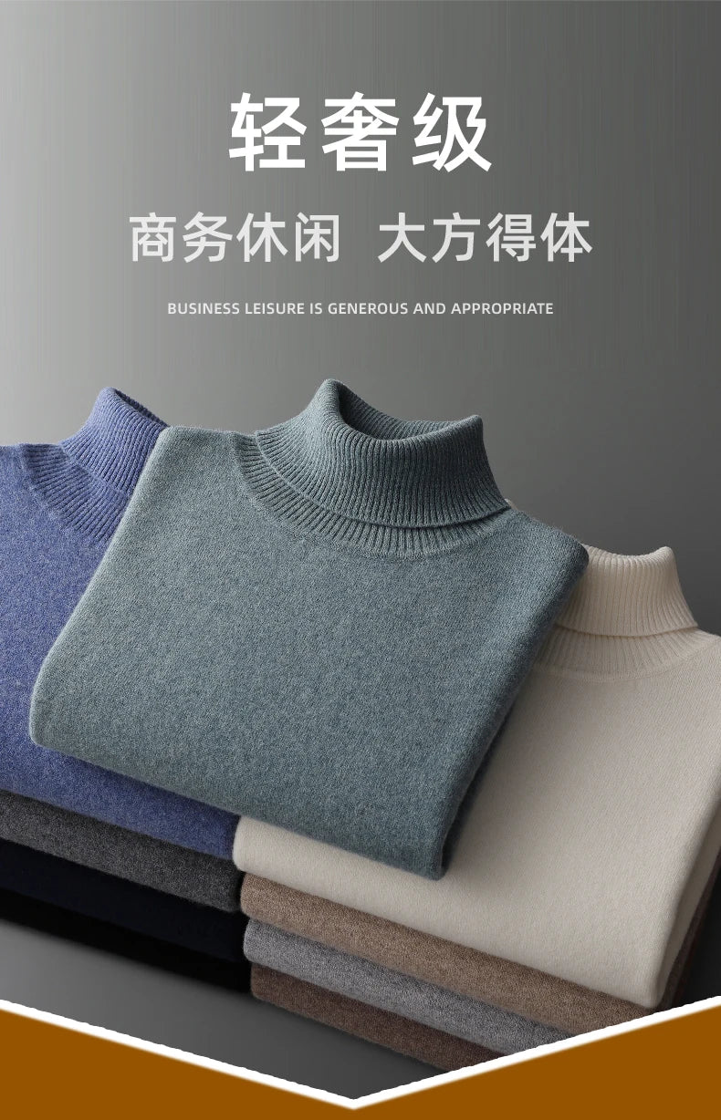 Suéter de cachemira Merina para hombre, Jersey de punto acolchado, cálido, cuello de tortuga, abrigo holgado de talla grande, otoño e invierno, 100%