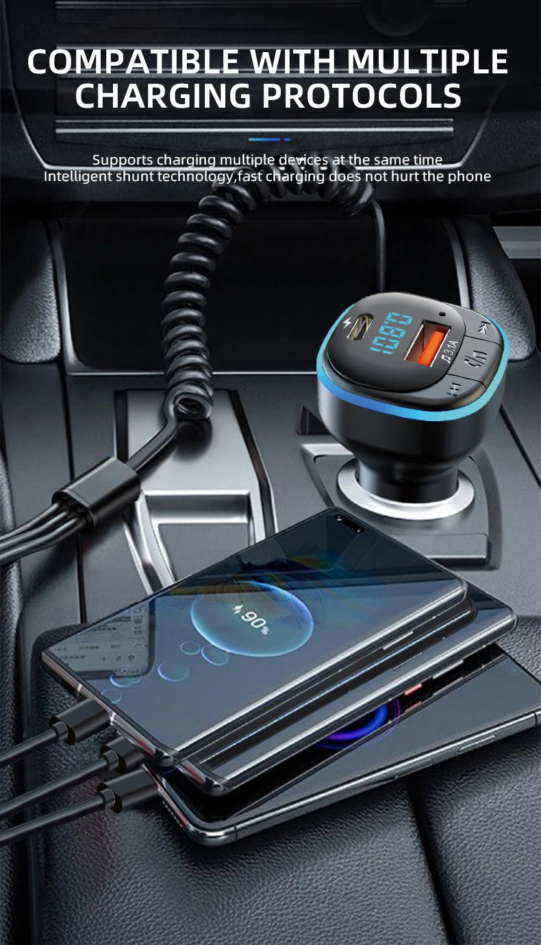 Transmisor FM Bluetooth para Auto con Cargador Dual y Cable 3 en 1