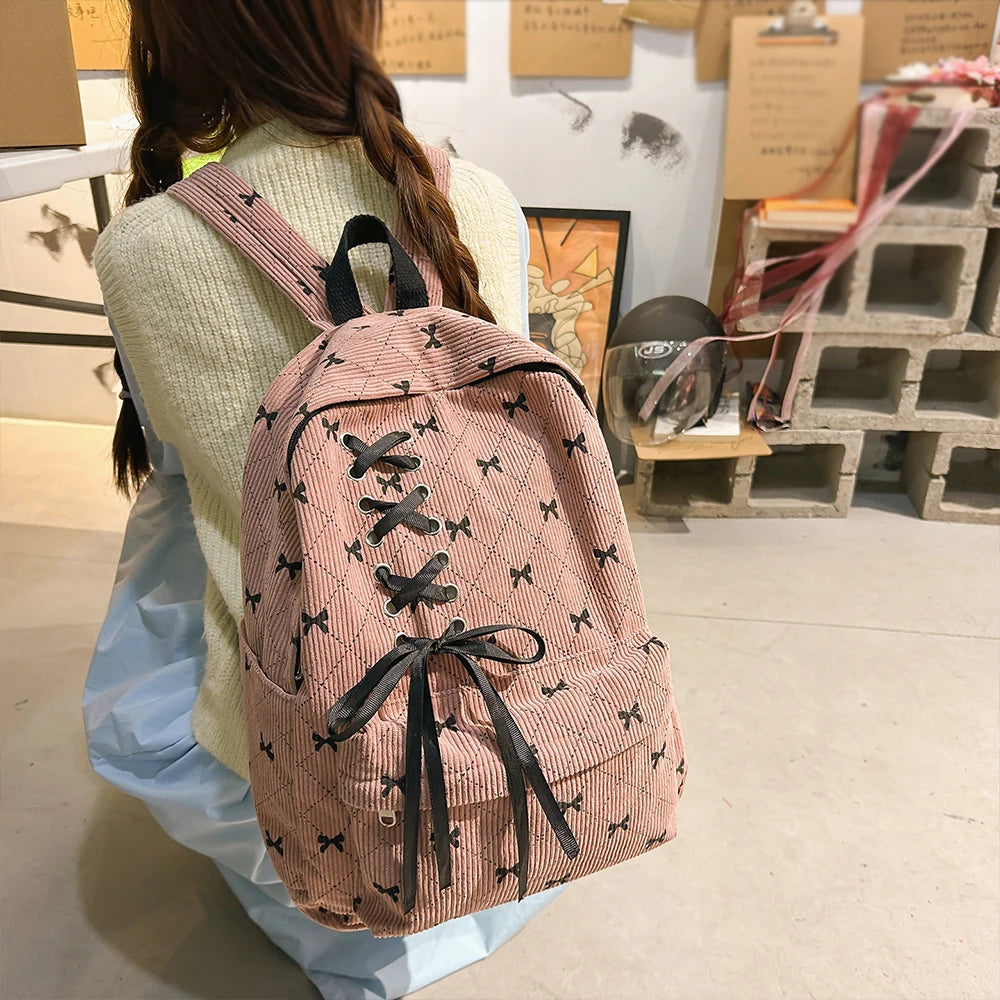 Mochila de Ocio, Mochila de Pana con Lazo para Primavera y Verano, Mochila de Gran Capacidad Estilo Universitario, Mochila para Viajar al Trabajo