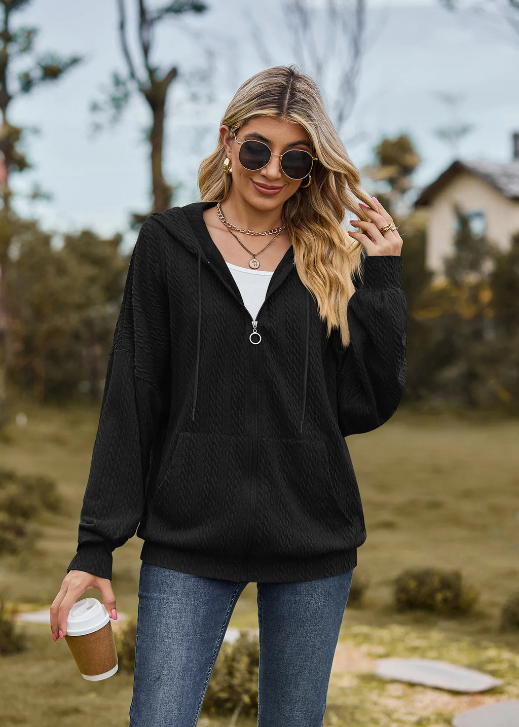Sudadera con cremallera para mujer, abrigo informal de manga larga, ropa de calle de Color liso, holgado, Harajuku, otoño e invierno, 2024