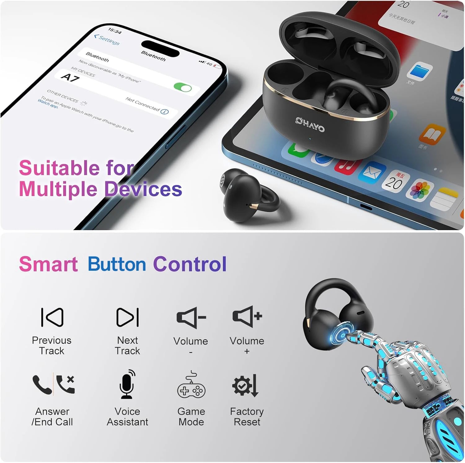 Ohayo A7 auriculares con Clip para la oreja auriculares inalámbricos Bluetooth 5,4 TWS auriculares abiertos con Clip impermeables con 4 micrófonos 40H de tiempo de reproducción