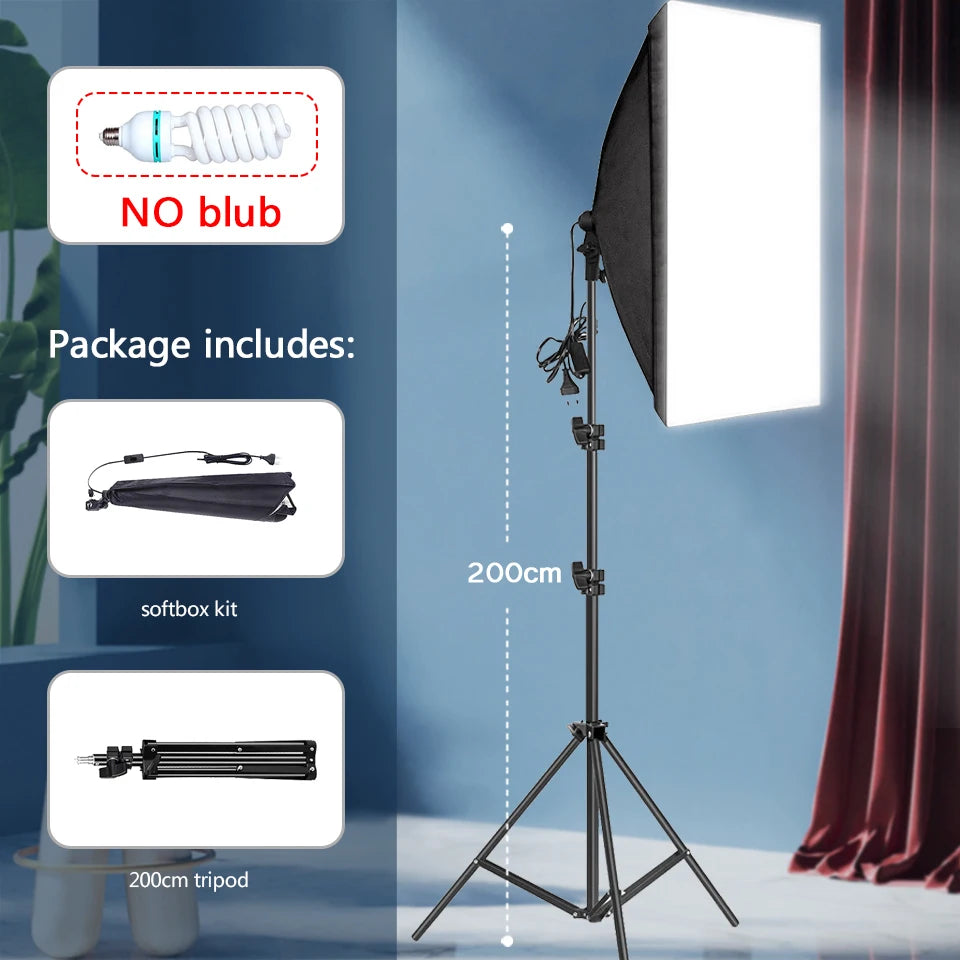 Softbox de fotografía profesional, caja suave de iluminación con trípode, bombilla fotográfica E27, sistema de luz continua para estudio fotográfico
