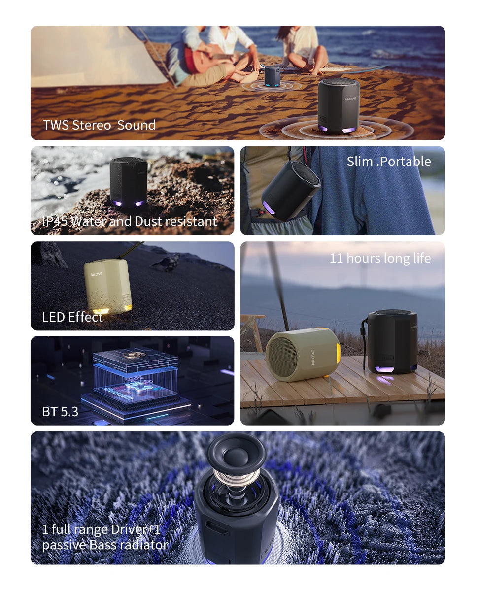 MLOVE Altavoz Bluetooth portátil, Bluetooth 5.3, luces RGB, sonido compacto de alta fidelidad, conectividad TWS