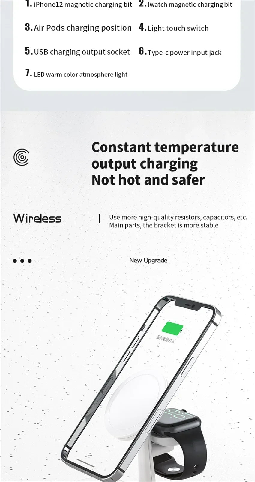 Base de Carga Inalámbrica Magnética 3 en 1 para iPhone 17 16 15 14 13 Pro Max Mini, Estación de Carga para Airpods Pro/Apple Watch