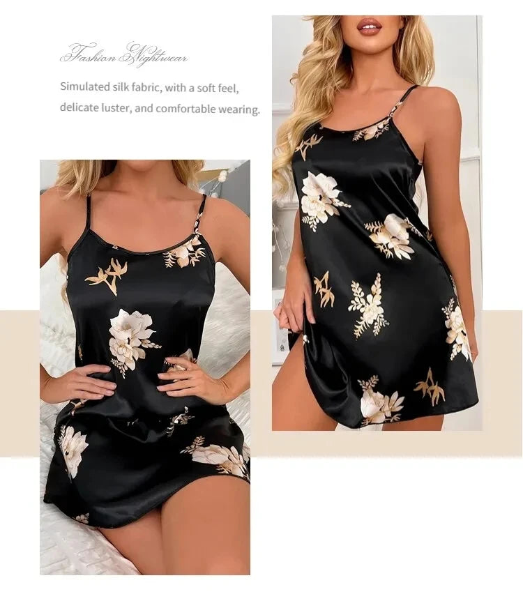 Camisón Sexy con estampado Floral para mujer, ropa de dormir de seda, color negro, para el hogar