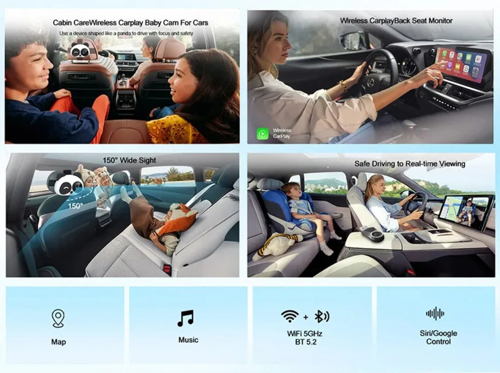 Adaptador Inalámbrico CarPlay Cabin Care, Cámara para Auto HD 1080P para Bebés, 150 °   Monitor de visión nocturna gran angular con pantalla dividida para el asiento trasero