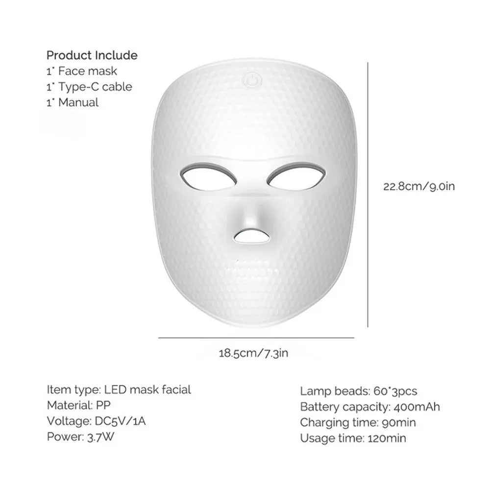 Máscara LED inalámbrica, máscara facial LED de 7 colores, máquina de máscara de belleza para rejuvenecimiento antienvejecimiento reafirmante de la piel con fotones