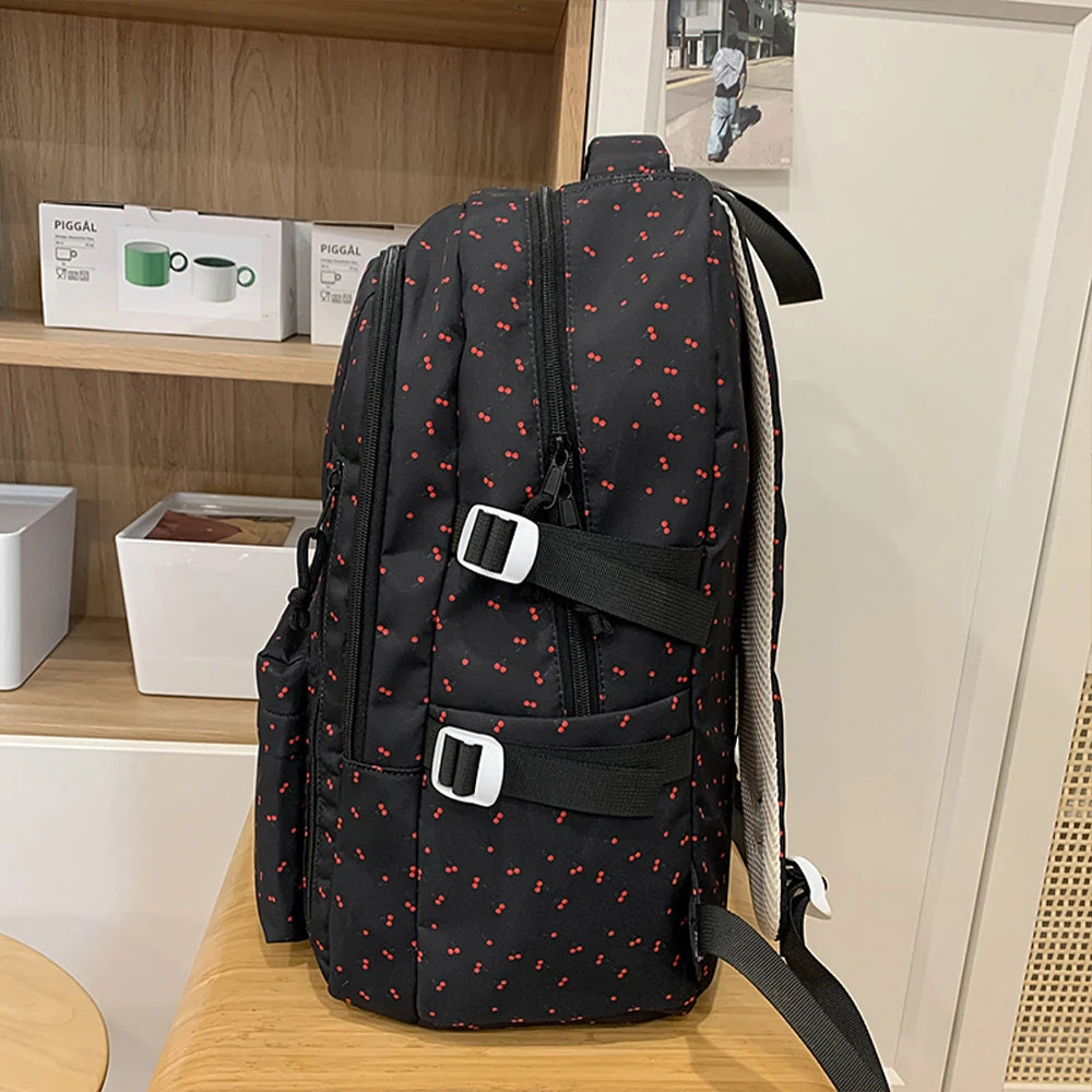 Mochila de Nailon con Estampado de Cerezas y Lazos, Mochila Grande con Múltiples Bolsillos, Ligera y Resistente al Agua para la Escuela y Uso Diario