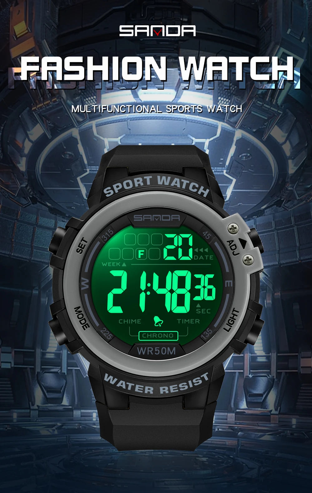Reloj Digital SANDA 2140 Chrono para Hombre, 5 Bar Multifunción Deportivo