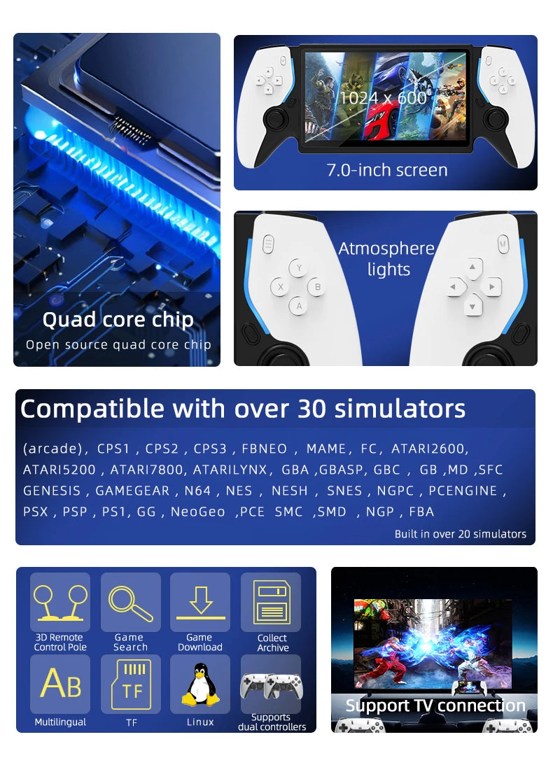 Consola de juegos portátil HD de 7 pulgadas, más de 15000 juegos integrados, más de 20 idiomas, batería de larga duración, regalos de juegos