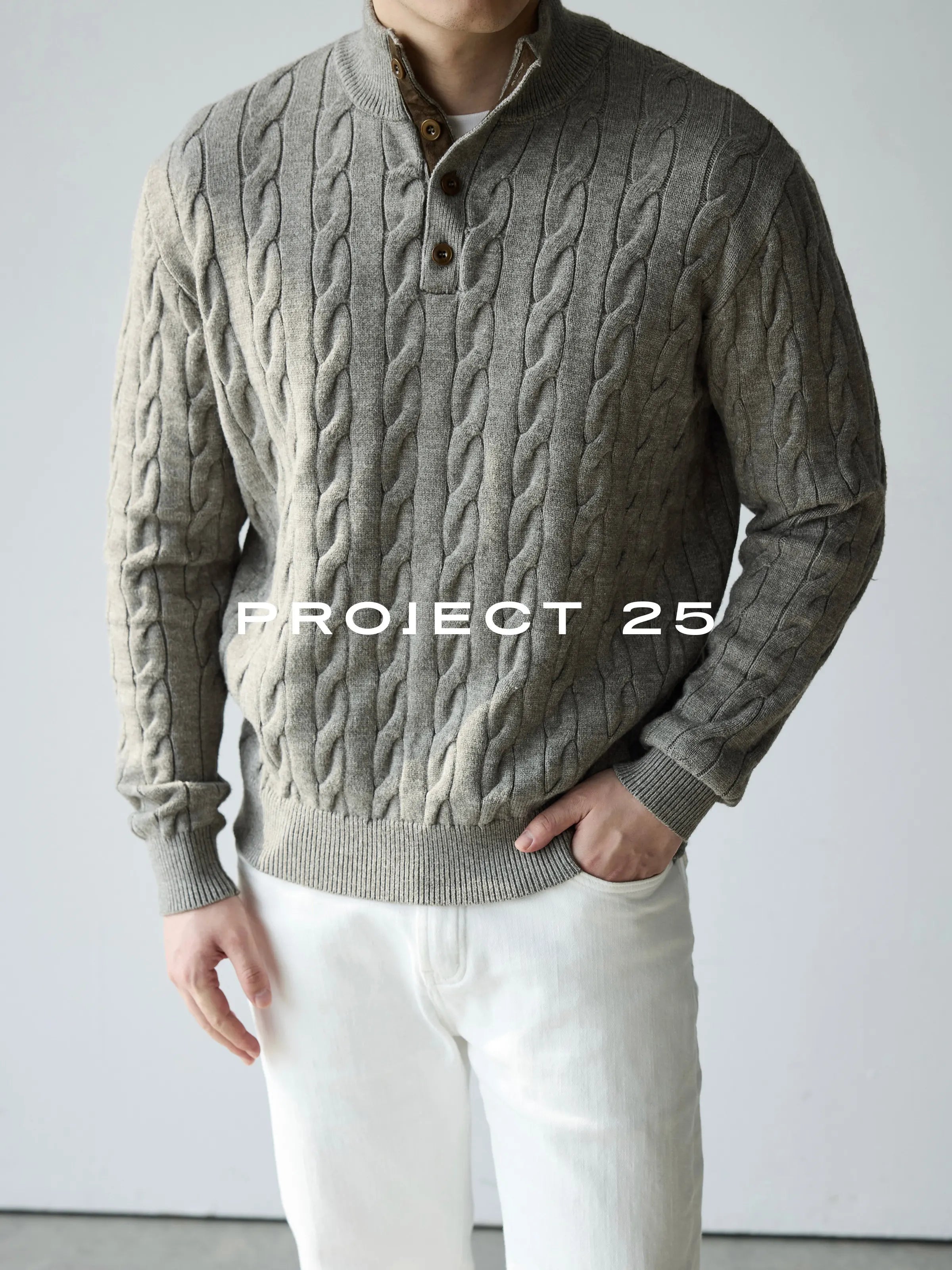 Suéter de Punto Trenzado con Cuello Alto y 4 Botones PROJECT 25 American Heritage para Hombre – Suéter Casual de Negocios de Lana Premium