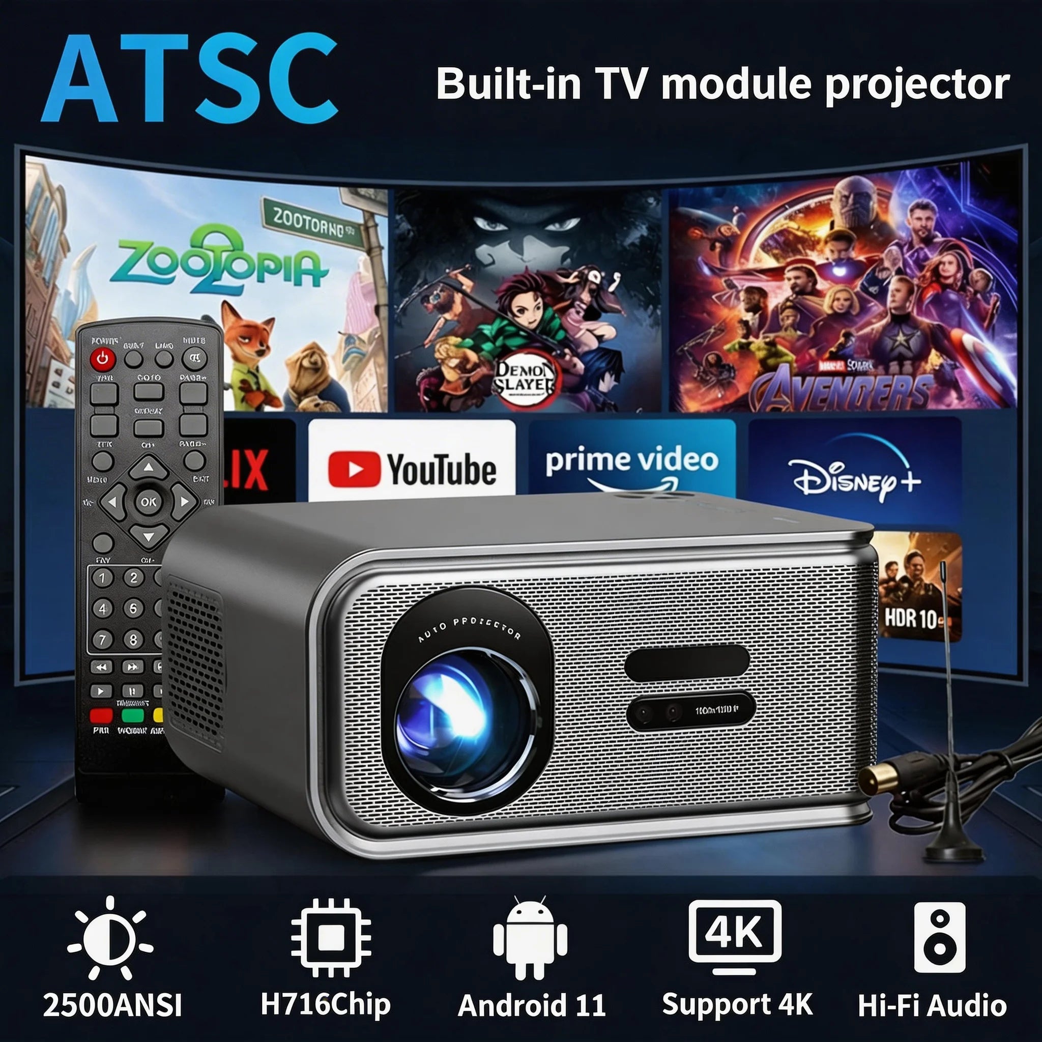 Proyector 4K 2500ANSI Full HD 1920*1080P HDR10+ Google Play WiFi6 Altavoz HiFi BT5.4 con DVB-T2/ATSC/IDSB-T TV Digital Gratuita
