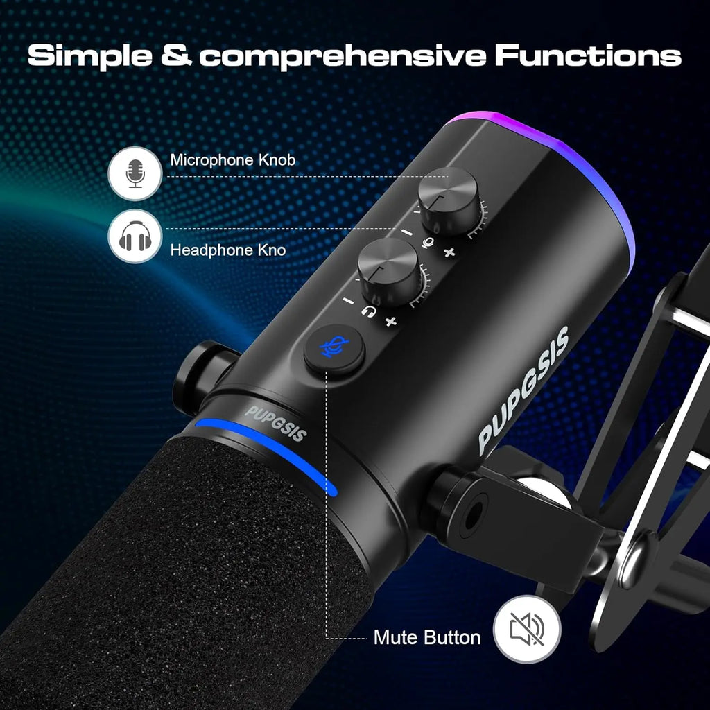 Kit de Micrófono para Juegos XLR/USB: Micrófono Dinámico para PC para Streaming y Podcasting, Botón de Silencio, Efectos de Reverberación, Micrófono RGB para Computadora con Brazo