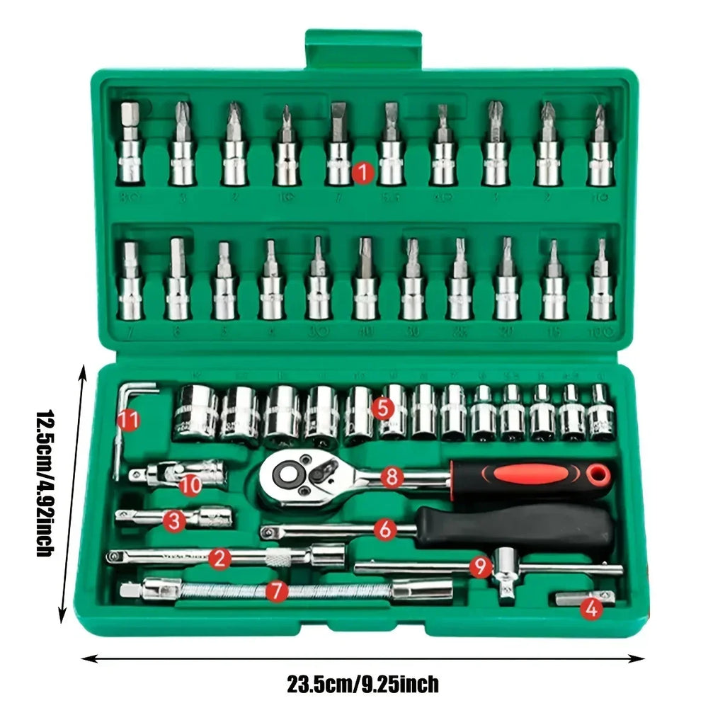 Juego de herramientas mecánicas de 46 piezas para reparación de automóviles, con vasos métricos, juego de puntas hexagonales, llave de trinquete en pulgadas