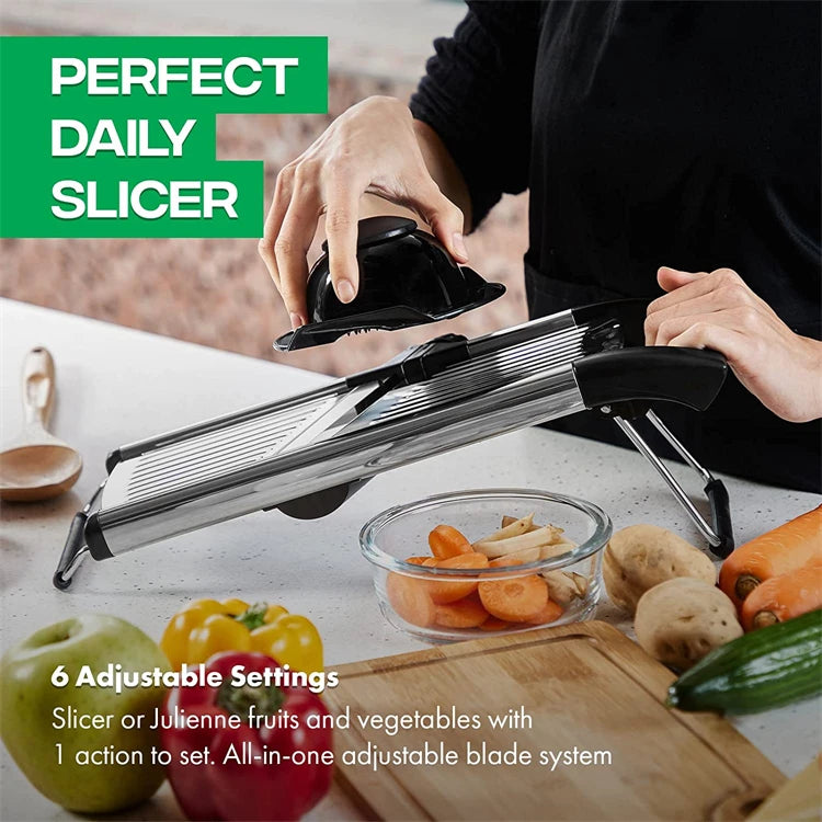 Rebanador de mandolina ajustable LMETJMA, rebanador de verduras de acero inoxidable, cortador para patatas, tomate, cebolla, zanahoria JT213