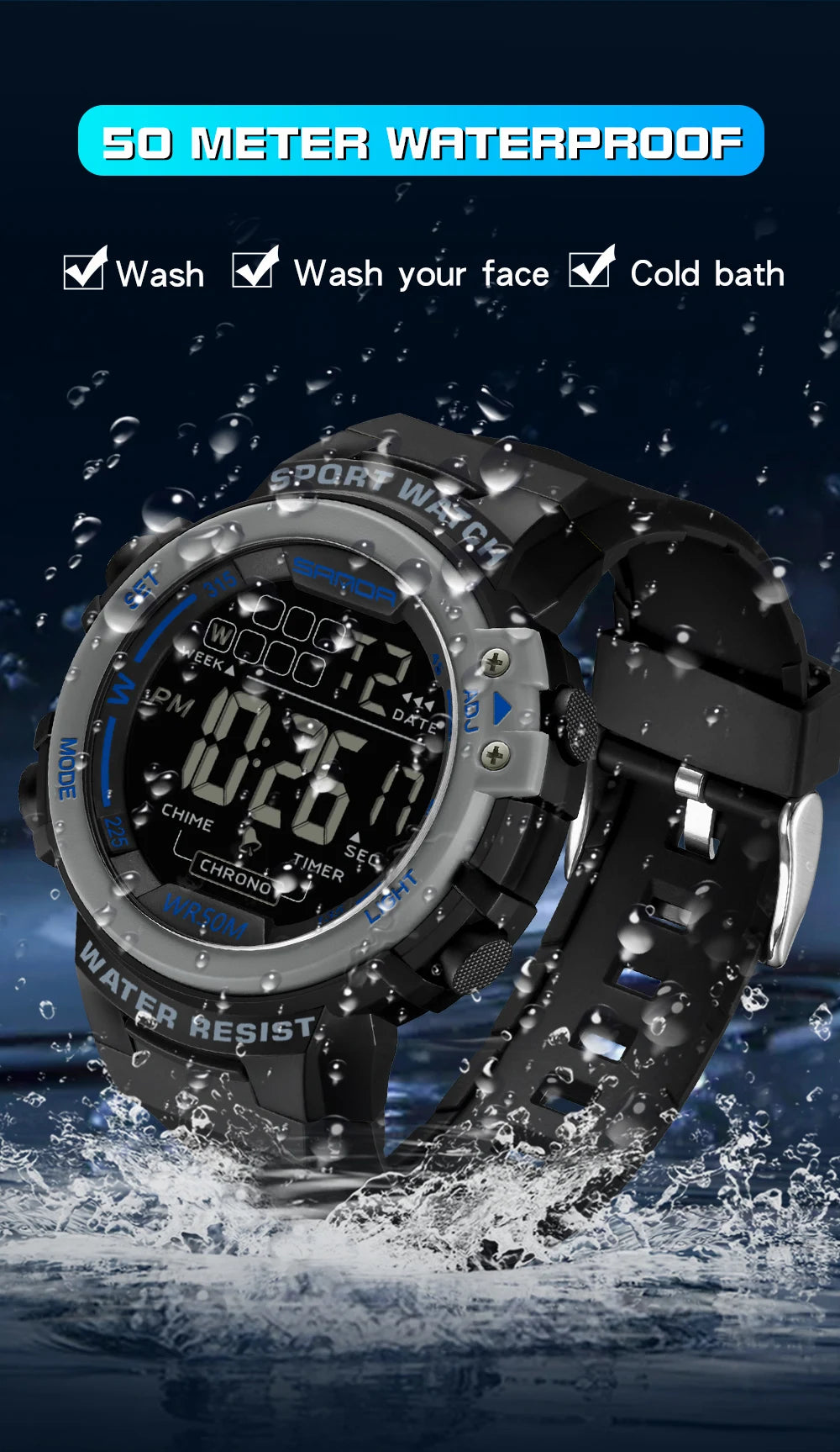 Reloj Digital SANDA 2140 Chrono para Hombre, 5 Bar Multifunción Deportivo