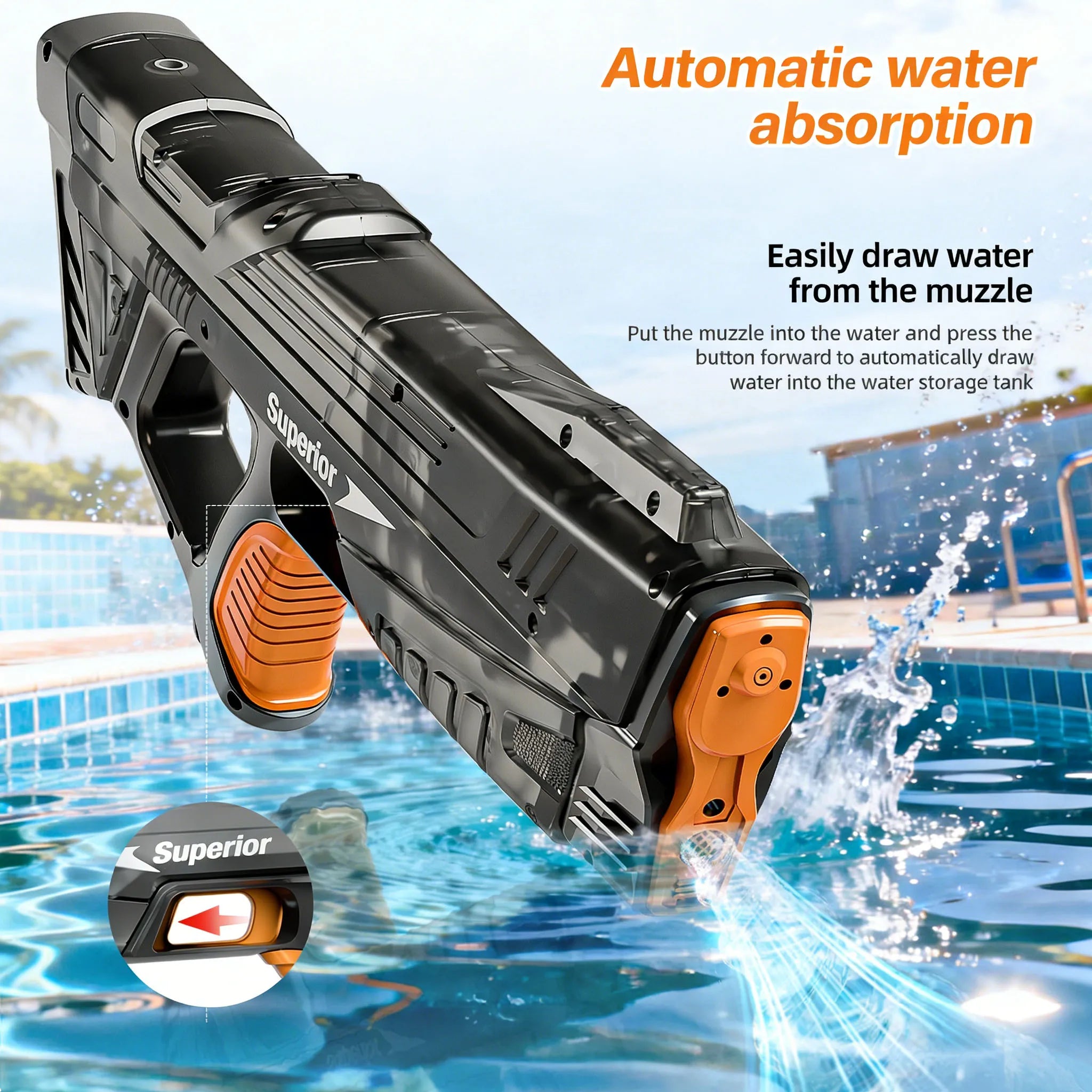 Pistolas de Agua Eléctricas Nuevas para Niños, Venta al por Mayor, Absorción Automática de Agua, Pantalla de Batería, Gran Capacidad, Juguete de Agua para Niños