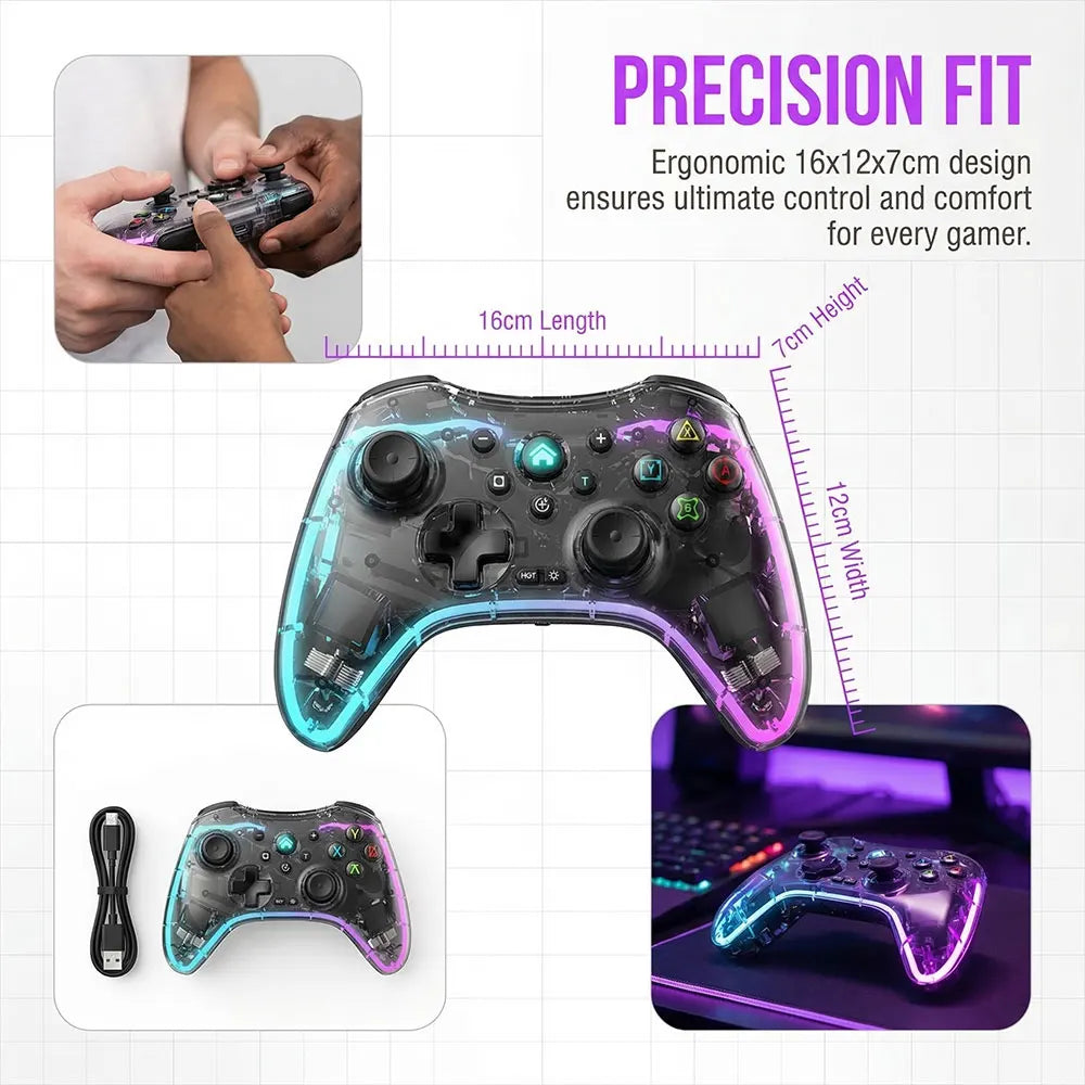 Controlador de juegos inalámbrico, controlador de juegos Bluetooth ergonómico con efecto de luz RGB para Switch, PS3, PS4, iPhone, teléfono Android, PC