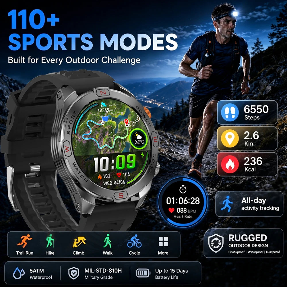 Reloj Inteligente Militar 1200mAh Brújula