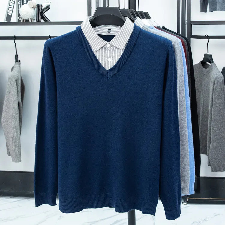 Suéter de punto con cuello de camisa para hombre, azul claro (6 colores), diseño falso de dos capas, estilo informal de negocios    Ajuste elástico y cómodo