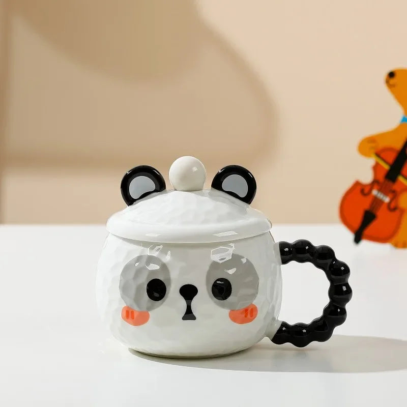 Taza de cerámica con diseño de animal, con tapa y cuchara