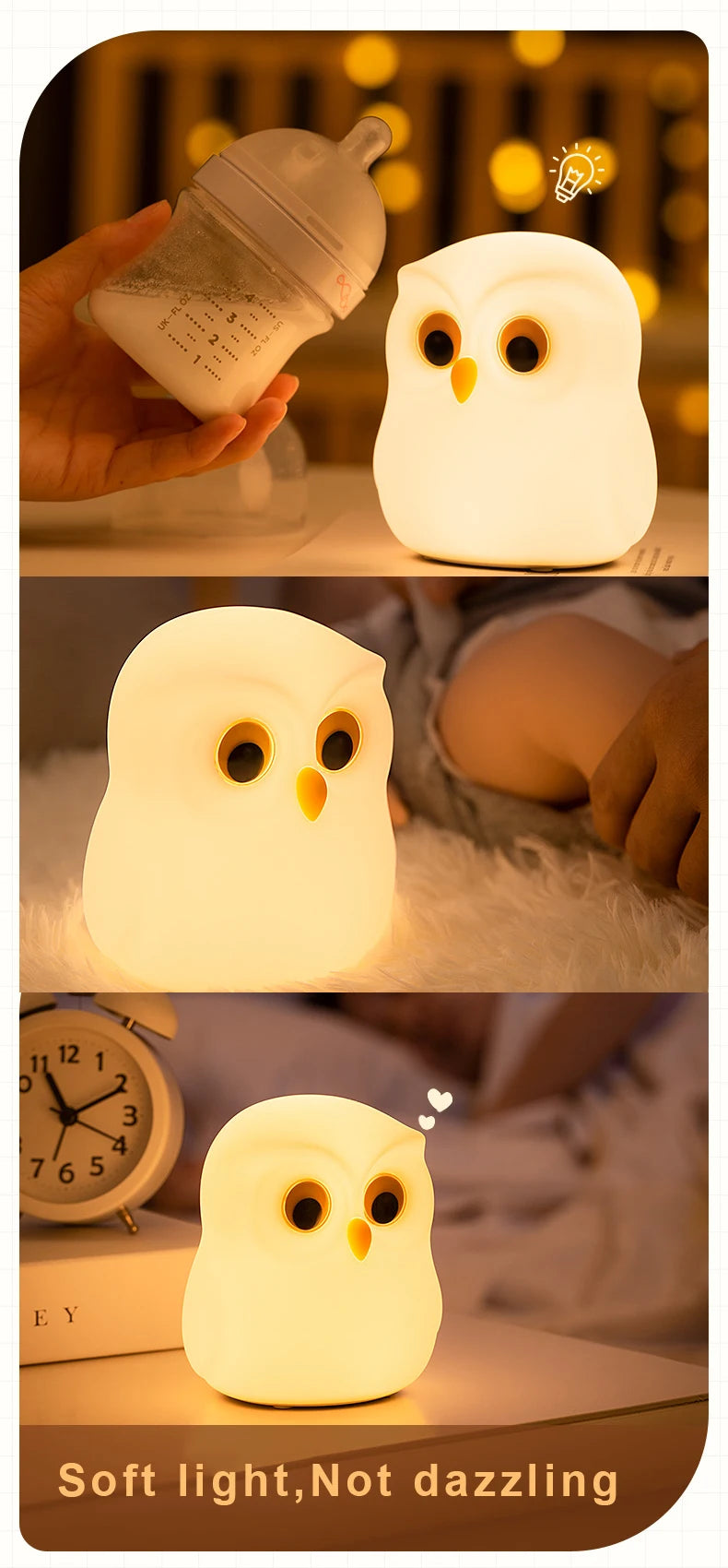 Luz nocturna de búho, bonita lámpara de noche de silicona, lámpara de ambiente RGB recargable, decoración de habitación, Animal divertido, regalo de luz nocturna para niños