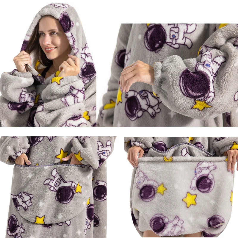 Sudaderas con capucha Extra largas de invierno para mujer, ropa de casa, sudadera de dibujos animados para adultos, jersey con bolsillo grande, mantas suaves y acogedoras de gran tamaño