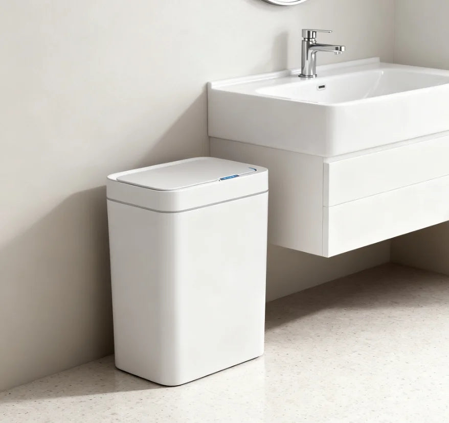 Cubo de Basura Automático con Sensor 15L, Contenedor de Basura Inteligente sin Contacto, Cubo de Basura Electrónico Impermeable Blanco, Moderno para el Hogar y el Baño